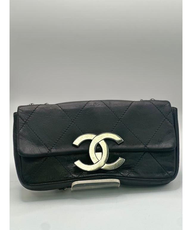 SOLD!! Chanel black calfskin quilted bag with large silver CC closure