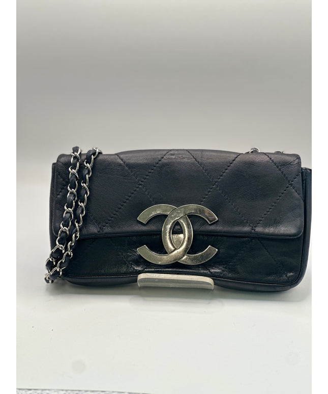 SOLD!! Chanel black calfskin quilted bag with large silver CC closure