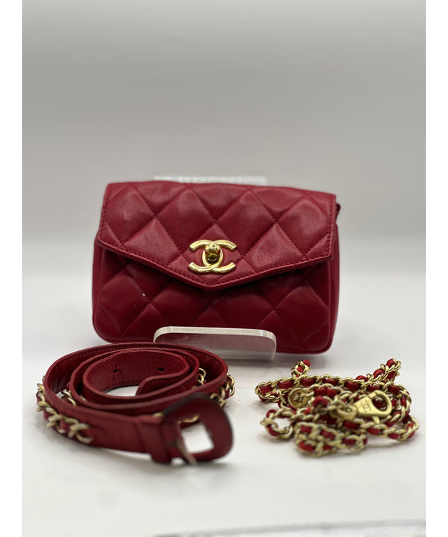 Chanel red calf skin quilted turn lock belt bag pouch with removable crossbody chain