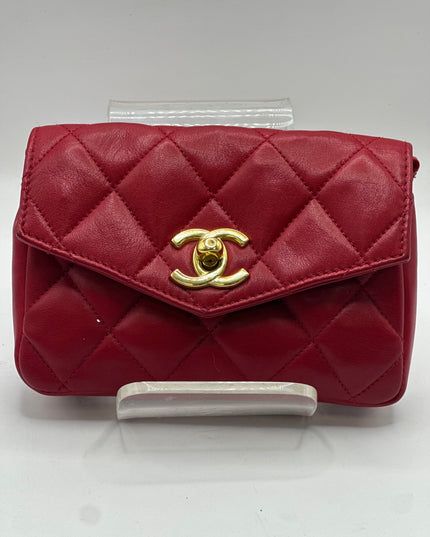 Chanel red calf skin quilted turn lock belt bag pouch with removable crossbody chain