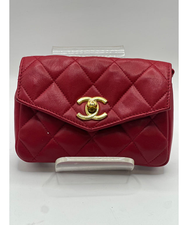 Chanel red calf skin quilted turn lock belt bag pouch with removable crossbody chain