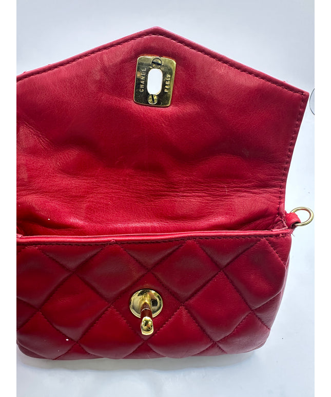 Chanel red calf skin quilted turn lock belt bag pouch with removable crossbody chain