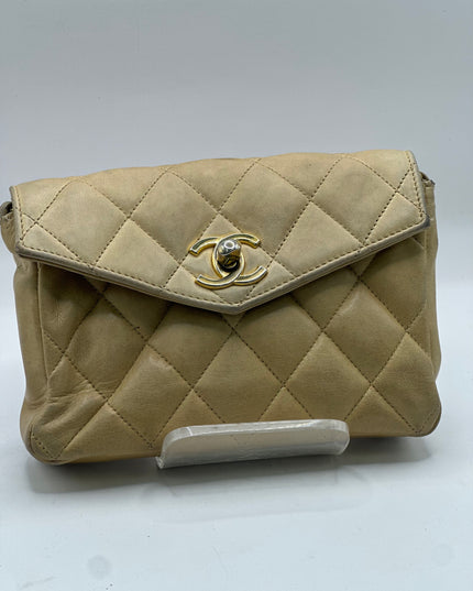 Chanel tan quilted belt turn lock bag with crossbody strap