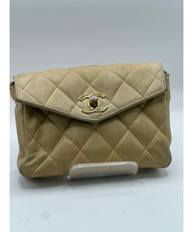 Chanel tan quilted belt turn lock bag with crossbody strap