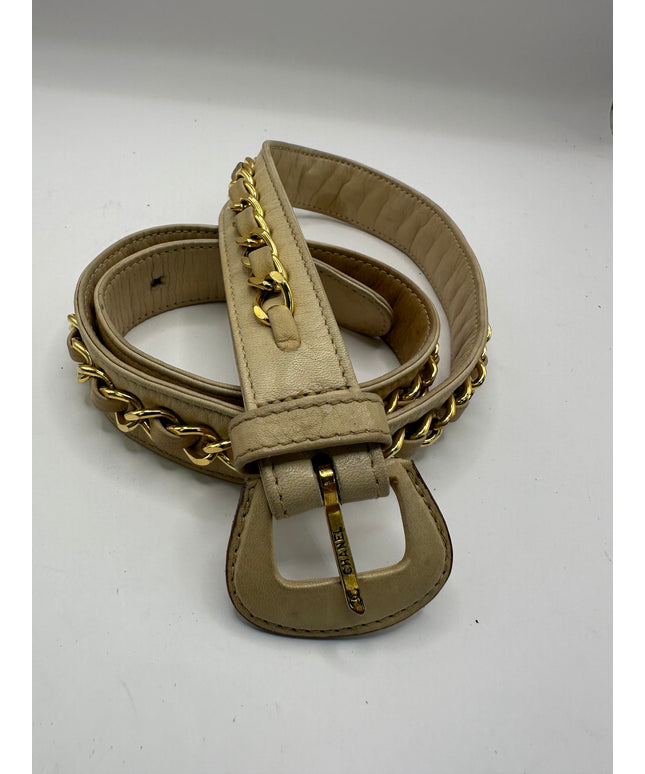 Chanel tan quilted belt turn lock bag with crossbody strap