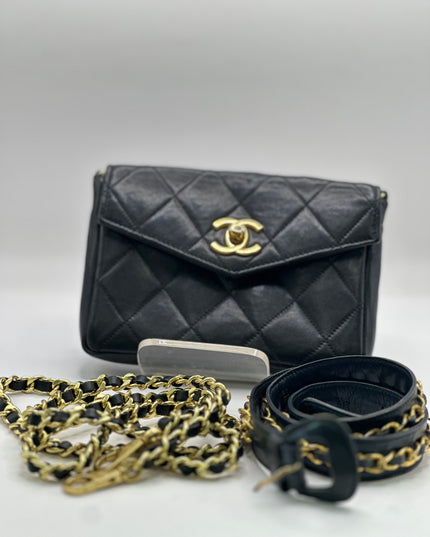 Chanel black quilted belt turn lock bag with crossbody strap