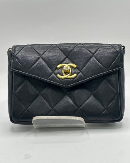 Chanel black quilted belt turn lock bag with crossbody strap