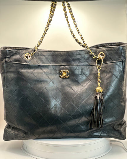 Sold!! Chanel black quilted calfskin leather chain tote