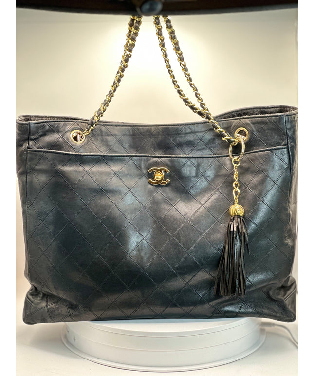 Sold!! Chanel black quilted calfskin leather chain tote
