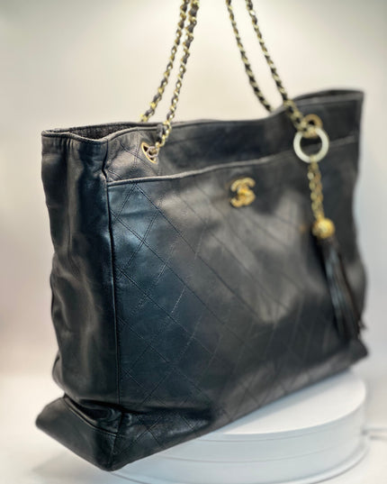 Sold!! Chanel black quilted calfskin leather chain tote