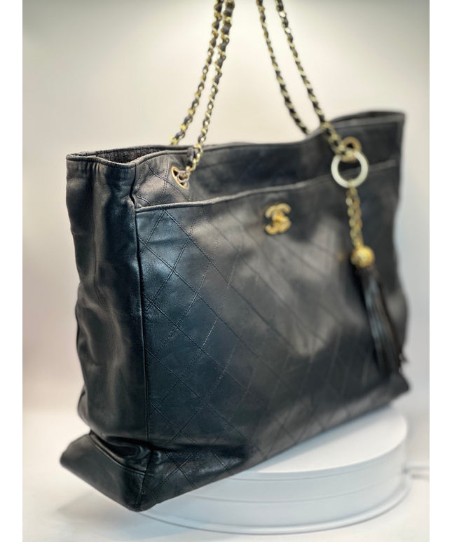 Sold!! Chanel black quilted calfskin leather chain tote