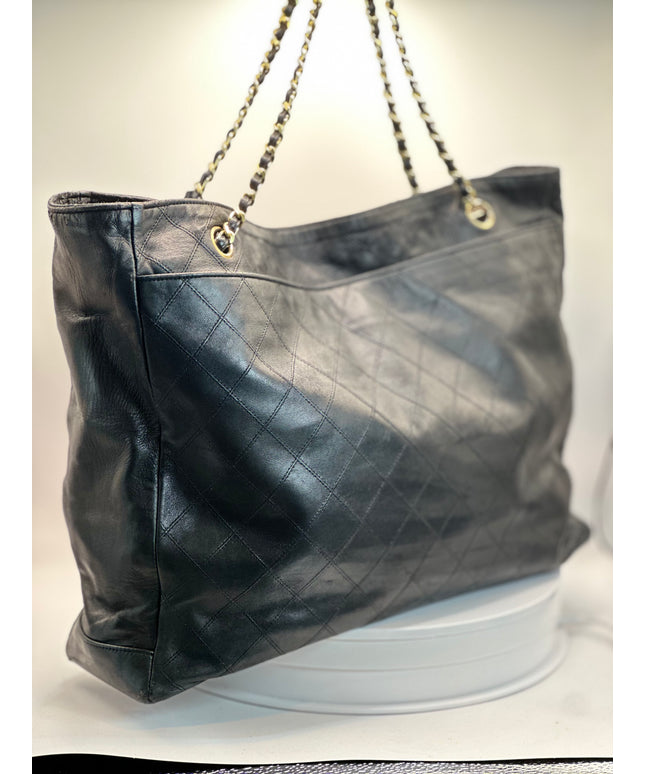 Sold!! Chanel black quilted calfskin leather chain tote
