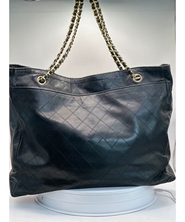 Sold!! Chanel black quilted calfskin leather chain tote