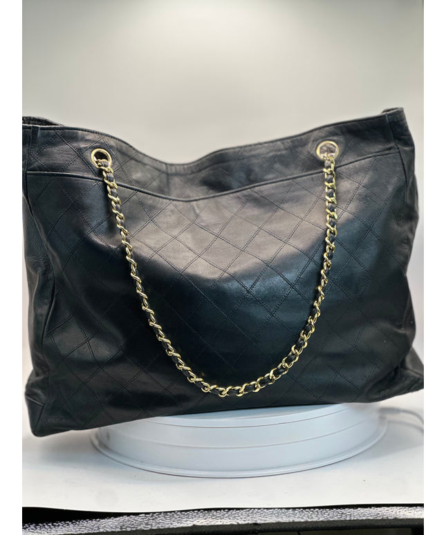 Sold!! Chanel black quilted calfskin leather chain tote