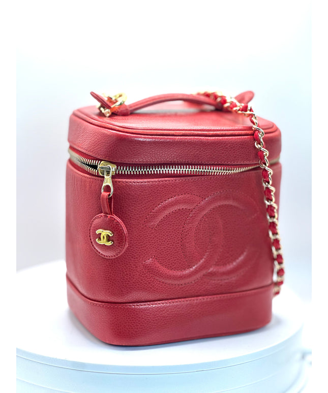 Authenticated Chanel red caviar vanity bag
