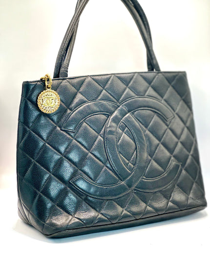 Chanel black caviar leather medallion tote