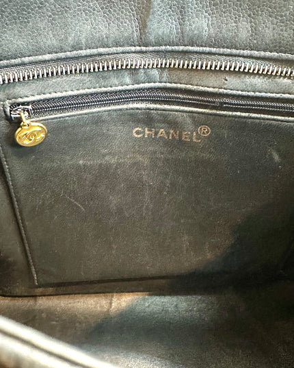 Chanel black caviar leather medallion tote