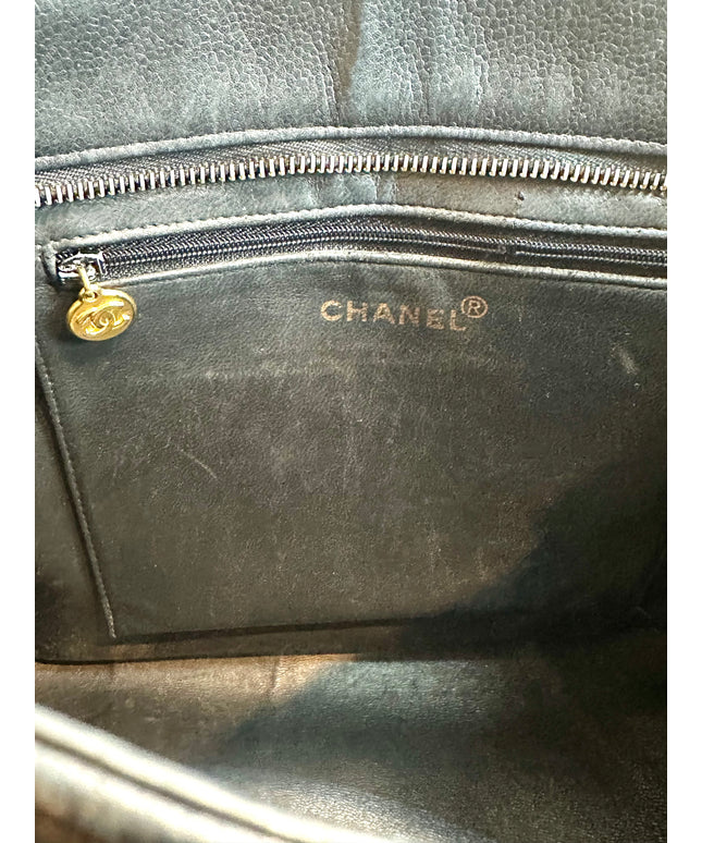 Chanel black caviar leather medallion tote