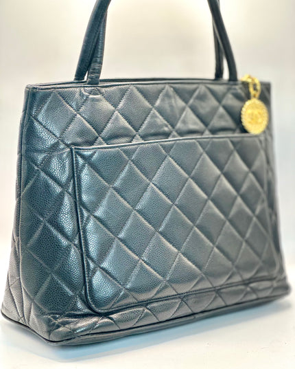 Chanel black caviar leather medallion tote