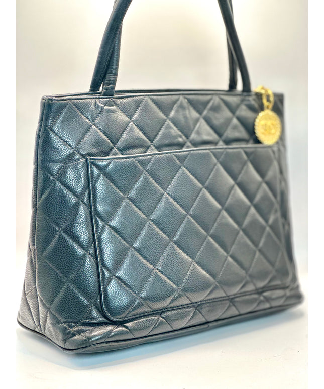 Chanel black caviar leather medallion tote
