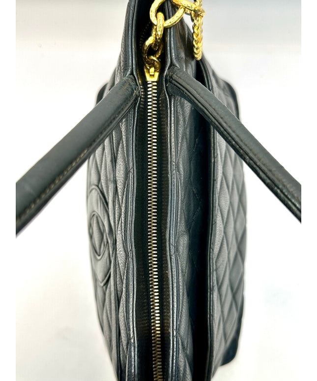 Chanel black caviar leather medallion tote