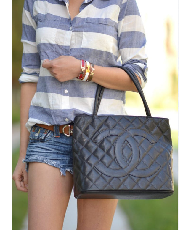 Chanel black caviar leather medallion tote