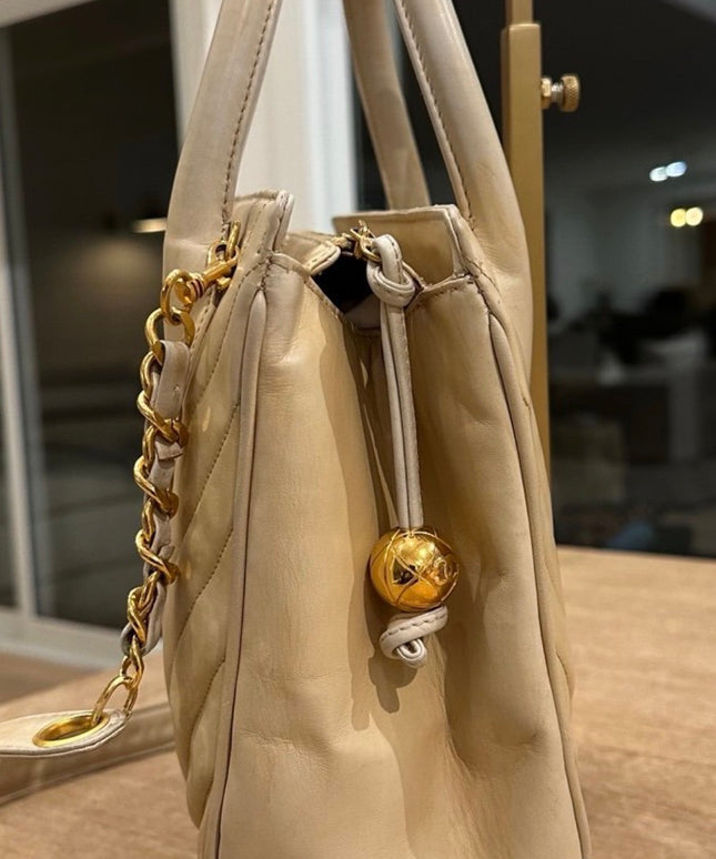 Chanel Top Handle Bowler Bag – Tan Calfskin with Crossbody Strap