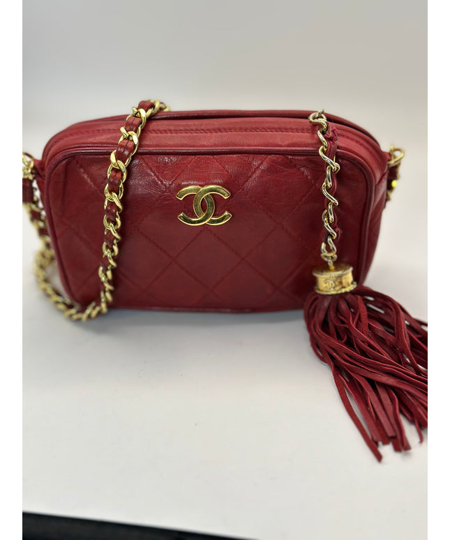 Authentic Chanel red Calfskin camera crossbody bag