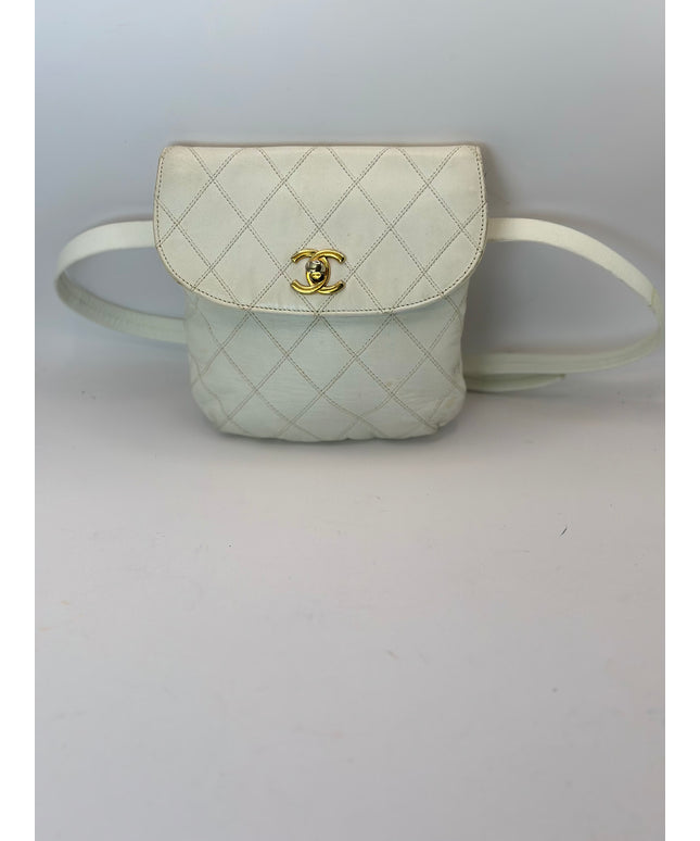 Authentic Chanel white calfskin turn lock belt bag with crossbody chain