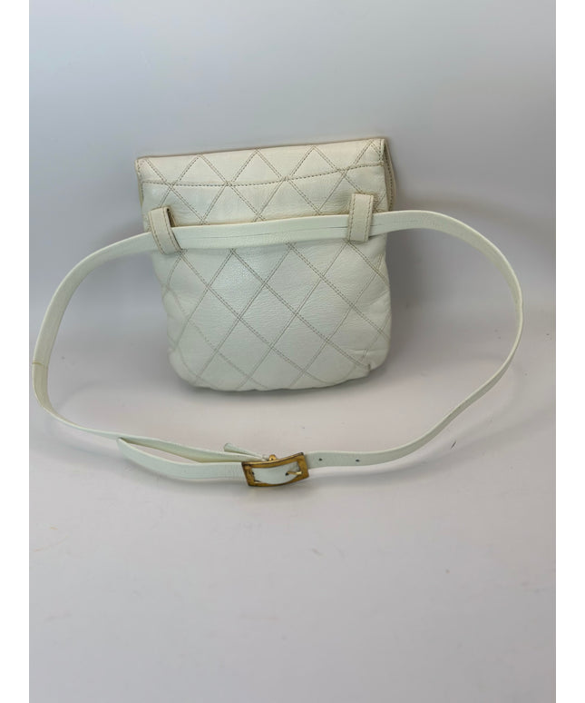 Authentic Chanel white calfskin turn lock belt bag with crossbody chain