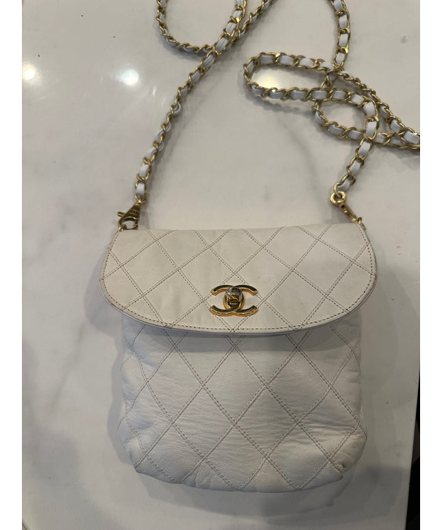 Authentic Chanel white calfskin turn lock belt bag with crossbody chain
