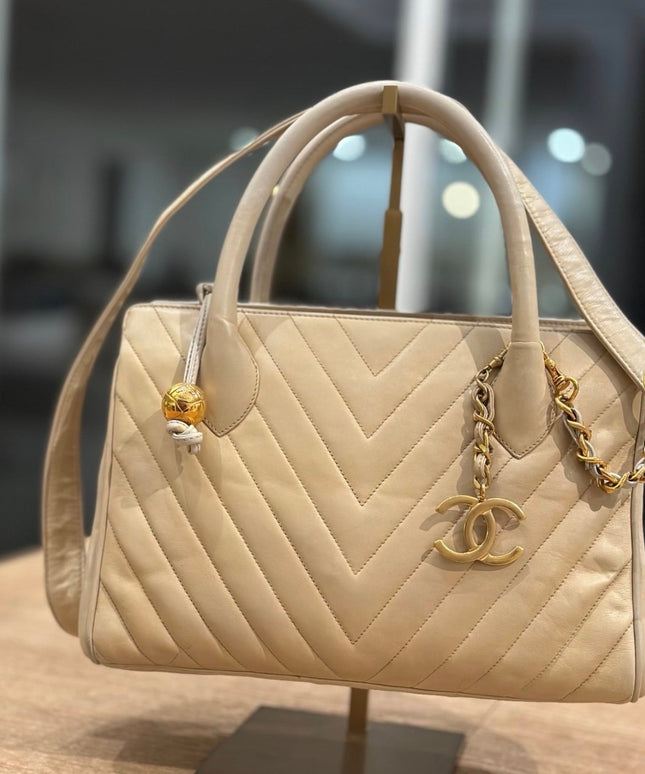 Chanel Top Handle Bowler Bag – Tan Calfskin with Crossbody Strap