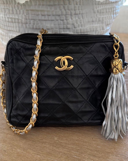 Small silver black tassel camera bag