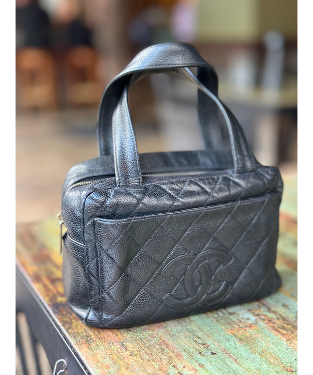 Sold!! CHANEL Matelasse Hand Bag Caviar Skin Black Silver CC