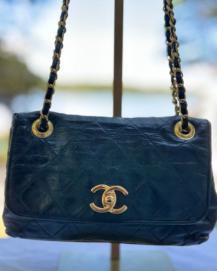 SOLD! Chanel black leather flap chain bag
