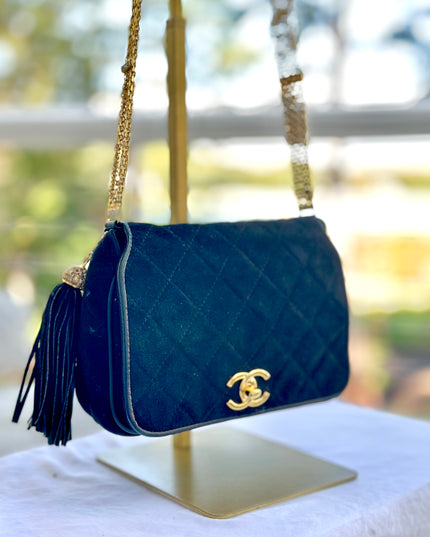 Chanel black suede flap turn lock bag