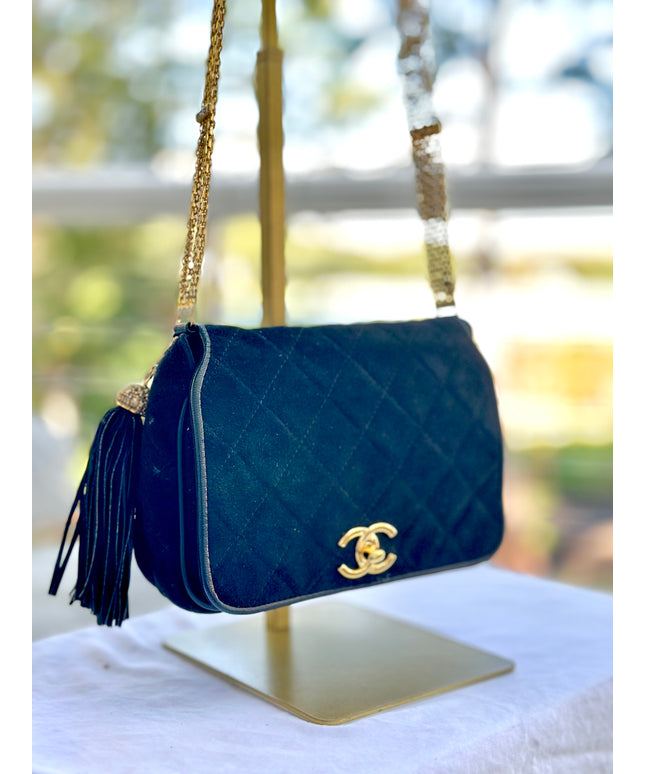 Chanel black suede flap turn lock bag