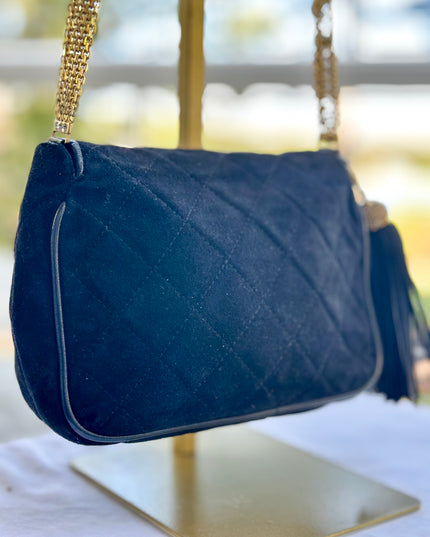 Chanel black suede flap turn lock bag