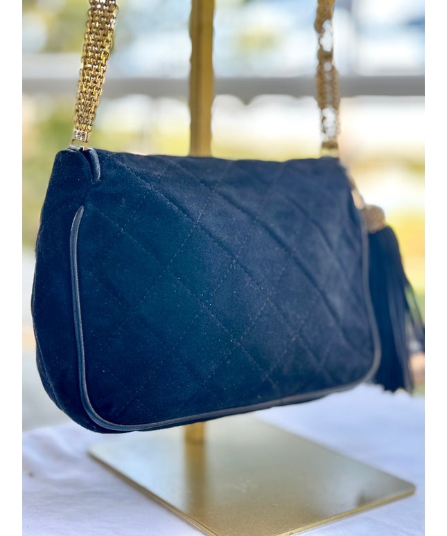 Chanel black suede flap turn lock bag