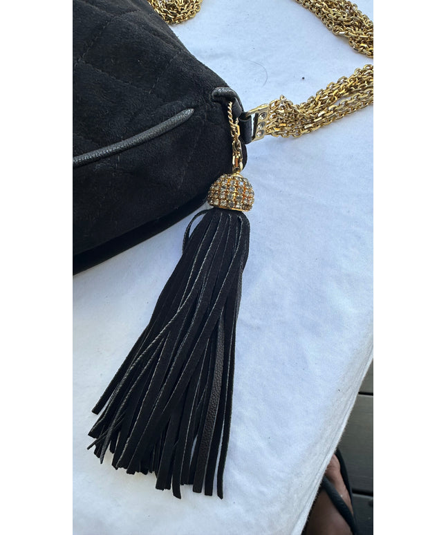 Chanel black suede flap turn lock bag