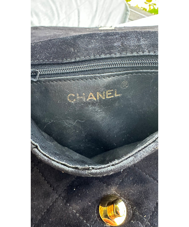 Chanel black suede flap turn lock bag
