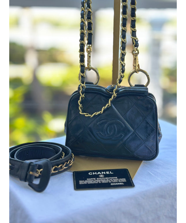 Chanel Matelassé black Lambskin belt Bag with chain