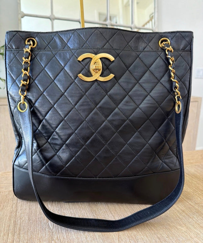 Chanel X-Large Chain Tote with Turn Lock – Black Quilted Leather