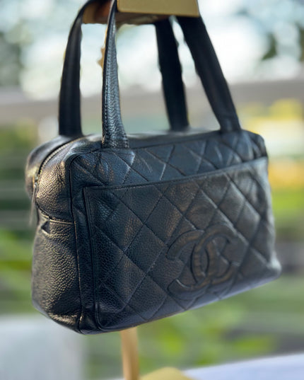 Sold!! CHANEL Matelasse Hand Bag Caviar Skin Black Silver CC