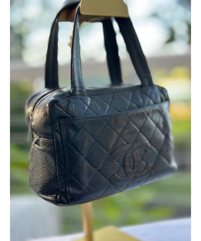 Sold!! CHANEL Matelasse Hand Bag Caviar Skin Black Silver CC