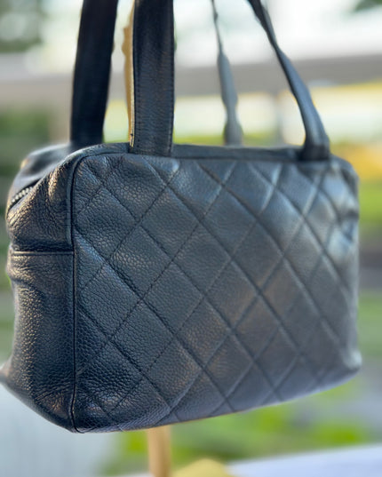 Sold!! CHANEL Matelasse Hand Bag Caviar Skin Black Silver CC