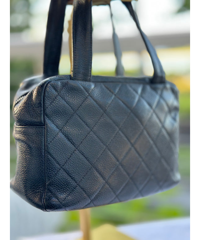 Sold!! CHANEL Matelasse Hand Bag Caviar Skin Black Silver CC