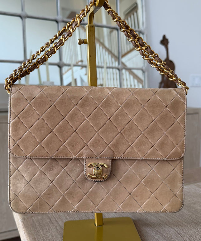 Chanel Quilted Flap Bag – Tan Leather with Turn Lock and Chain