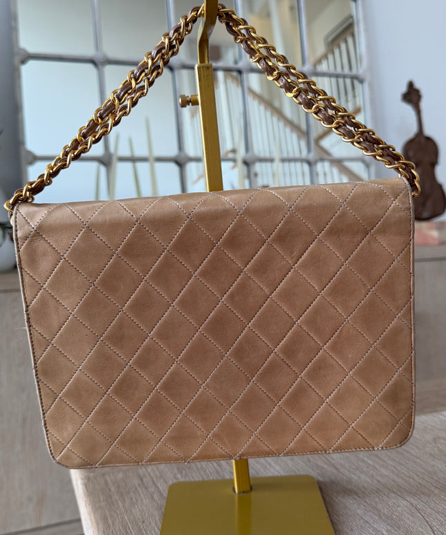 Chanel Quilted Flap Bag – Tan Leather with Turn Lock and Chain
