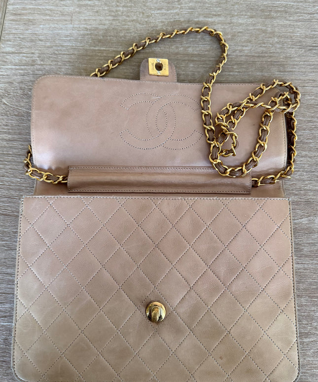 Chanel Quilted Flap Bag – Tan Leather with Turn Lock and Chain